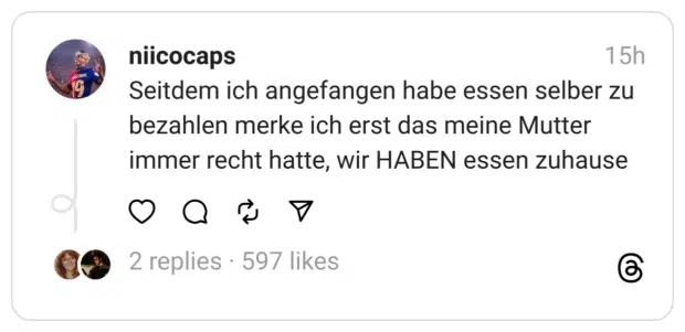Seitdem ich angefangen habe essen selber zu bezahlen merke ich erst das meine Mutter immer recht hatte, wir HABEN essen zuhause
