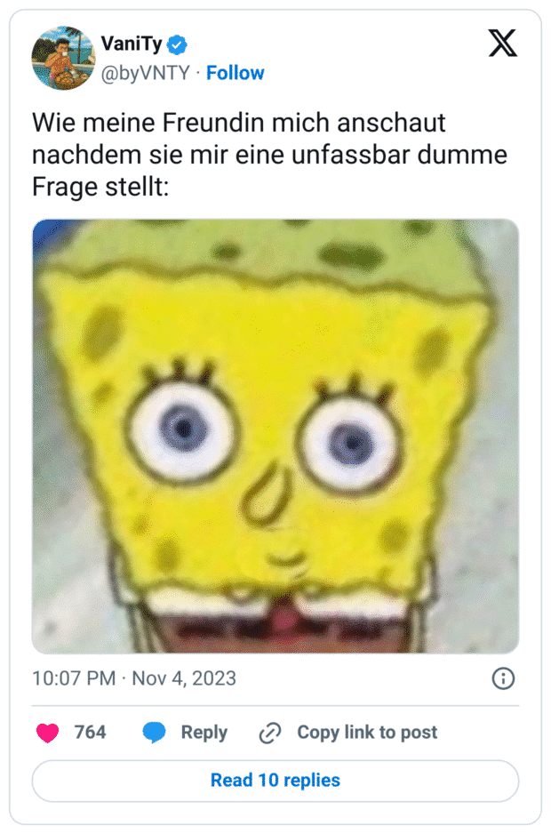 Wie meine Freundin mich anschaut nachdem sie mir eine unfassbar dumme Frage stellt: