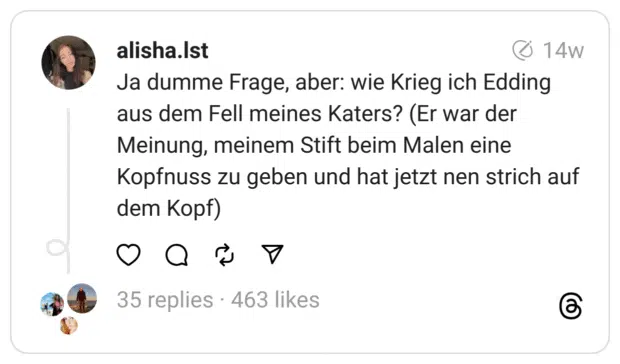 Ja dumme Frage, aber: wie Krieg ich Edding aus dem Fell meines Katers? (Er war der Meinung, meinem Stift beim Malen eine Kopfnuss zu geben und hat jetzt nen strich auf dem Kopf)
