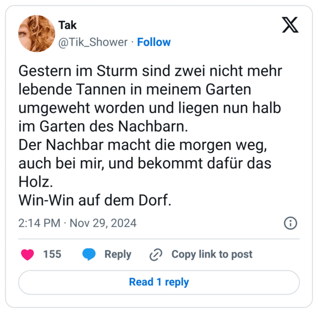 Gestern im Sturm sind zwei nicht mehr lebende Tannen in meinem Garten umgeweht worden und liegen nun halb im Garten des Nachbarn.
Der Nachbar macht die morgen weg, auch bei mir, und bekommt dafür das Holz.
Win-Win auf dem Dorf.