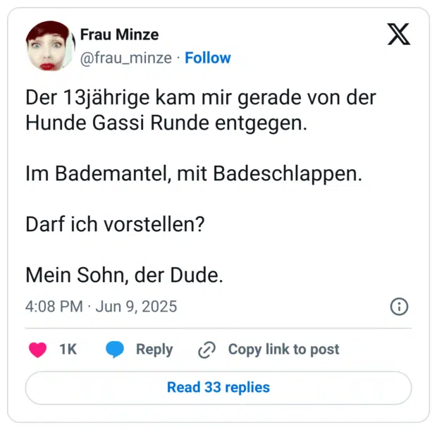 Der 13jährige kam mir gerade von der Hunde Gassi Runde entgegen.

Im Bademantel, mit Badeschlappen.

Darf ich vorstellen? 

Mein Sohn, der Dude.
