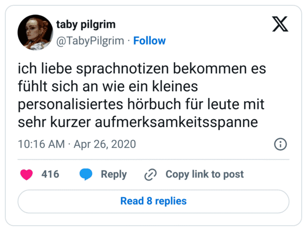 ich liebe sprachnotizen bekommen es fühlt sich an wie ein kleines personalisiertes hörbuch für leute mit sehr kurzer aufmerksamkeitsspanne
