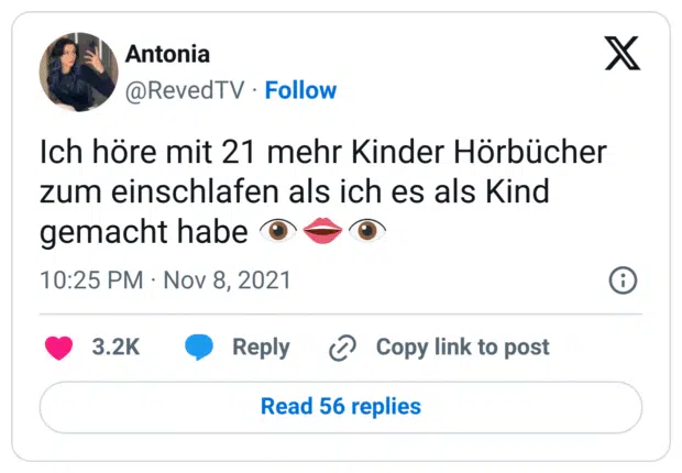 Ich höre mit 21 mehr Kinder Hörbücher zum einschlafen als ich es als Kind gemacht habe 👁👄👁
