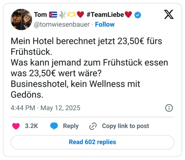 Mein Hotel berechnet jetzt 23,50€ fürs Frühstück.
Was kann jemand zum Frühstück essen was 23,50€ wert wäre?
Businesshotel, kein Wellness mit Gedöns.