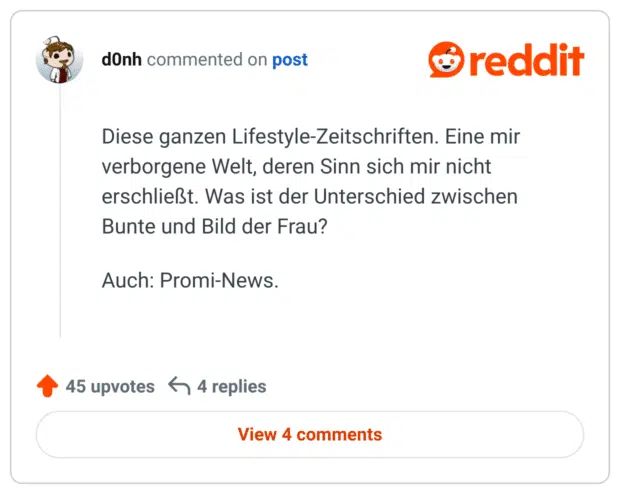Diese ganzen Lifestyle-Zeitschriften. Eine mir verborgene Welt, deren Sinn sich mir nicht erschließt. Was ist der Unterschied zwischen Bunte und Bild der Frau?

Auch: Promi-News.