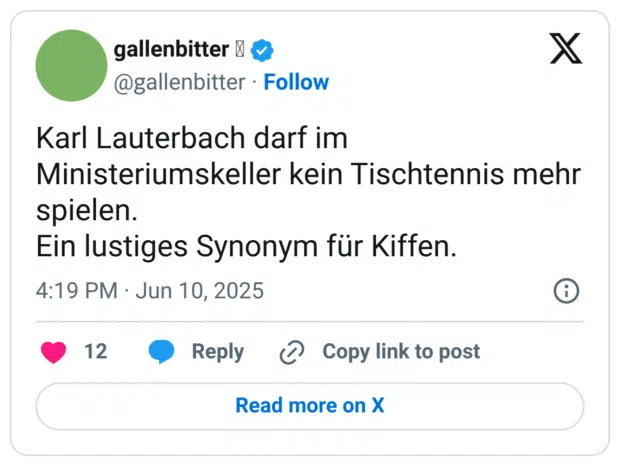 Karl Lauterbach darf im Ministeriumskeller kein Tischtennis mehr spielen. Ein lustiges Synonym für Kiffen.