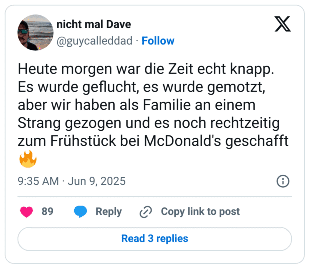 Heute morgen war die Zeit echt knapp. Es wurde geflucht, es wurde gemotzt, aber wir haben als Familie an einem Strang gezogen und es noch rechtzeitig zum Frühstück bei McDonald's geschafft 🔥
