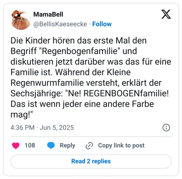 Die Kinder hören das erste Mal den Begriff "Regenbogenfamilie" und diskutieren jetzt darüber was das für eine Familie ist. Während der Kleine Regenwurmfamilie versteht, erklärt der Sechsjährige: "Ne! REGENBOGENfamilie! Das ist wenn jeder eine andere Farbe mag!"
