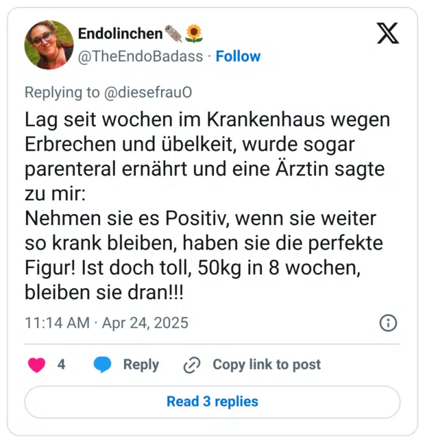 Lag seit wochen im Krankenhaus wegen Erbrechen und übelkeit, wurde sogar parenteral ernährt und eine Ärztin sagte zu mir:
Nehmen sie es Positiv, wenn sie weiter so krank bleiben, haben sie die perfekte Figur! Ist doch toll, 50kg in 8 wochen, bleiben sie dran!!!
