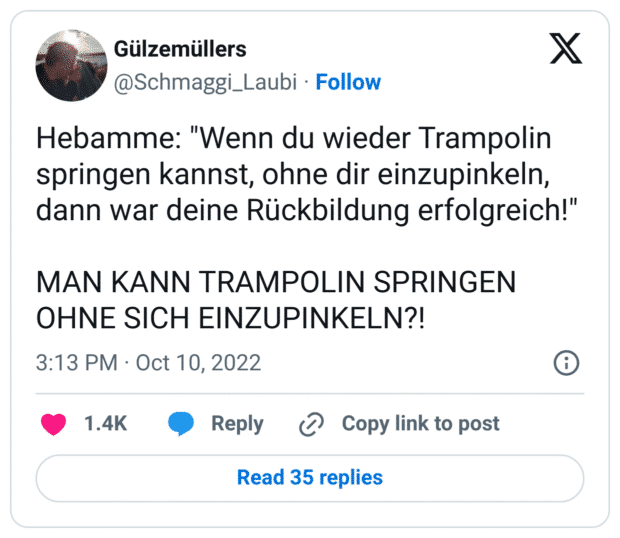 Hebamme: "Wenn du wieder Trampolin springen kannst, ohne dir einzupinkeln, dann war deine Rückbildung erfolgreich!"

MAN KANN TRAMPOLIN SPRINGEN OHNE SICH EINZUPINKELN?