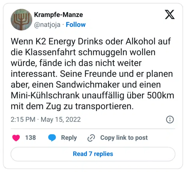 Wenn K2 Energy Drinks oder Alkohol auf die Klassenfahrt schmuggeln wollen würde, fände ich das nicht weiter interessant. Seine Freunde und er planen aber, einen Sandwichmaker und einen Mini-Kühlschrank unauffällig über 500km mit dem Zug zu transportieren.