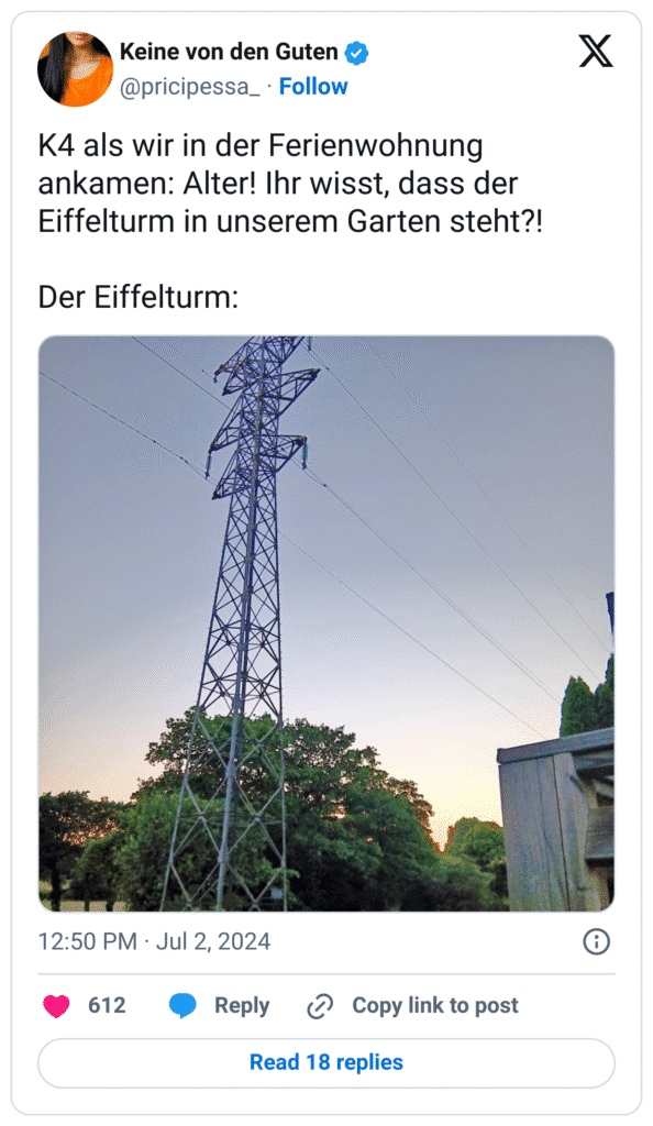 K4 als wir in der Ferienwohnung ankamen: Alter! Ihr wisst, dass der Eiffelturm in unserem Garten steht?!
Der Eiffelturm: (