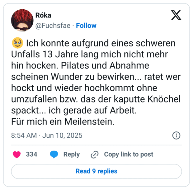 🥹 Ich konnte aufgrund eines schweren Unfalls 13 Jahre lang mich nicht mehr hin hocken. Pilates und Abnahme scheinen Wunder zu bewirken... ratet wer hockt und wieder hochkommt ohne umzufallen bzw. das der kaputte Knöchel spackt... ich gerade auf Arbeit.
