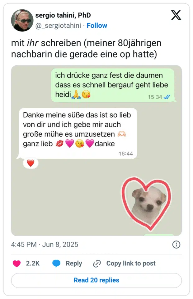 mit 𝘪𝘩𝘳 schreiben (meiner 80jährigen nachbarin die gerade eine op hatte)
