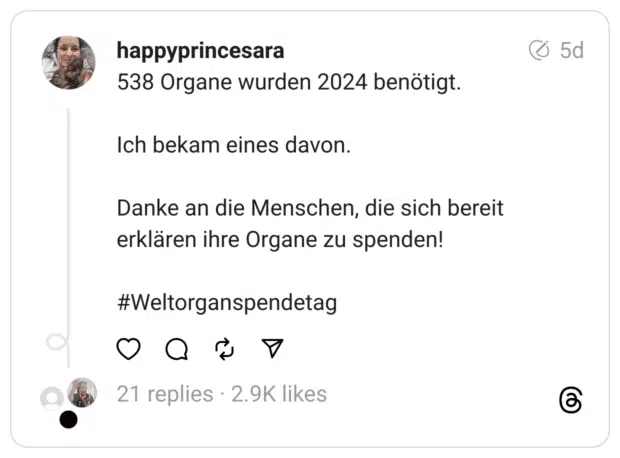 538 Organe wurden 2024 benötigt.
Ich bekam eines davon.
Danke an die Menschen, die sich bereit erklären ihre Organe zu spenden!
#Weltorganspendetag
