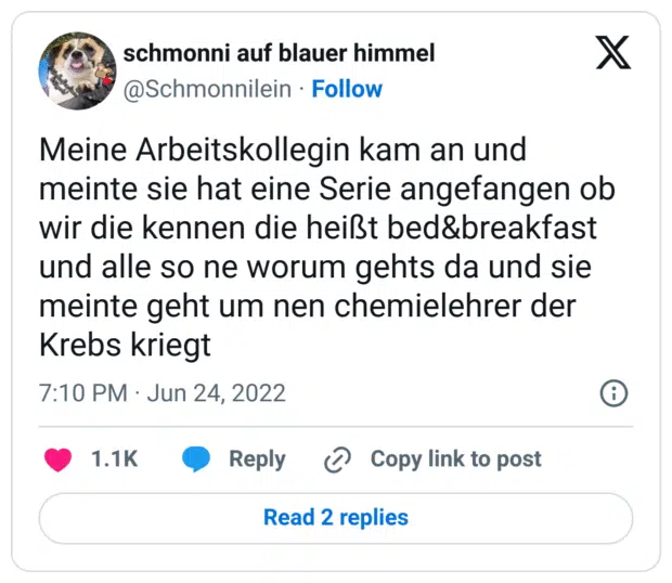 Meine Arbeitskollegin kam an und meinte sie hat eine Serie angefangen ob wir die kennen die heißt bed&breakfast und alle so ne worum gehts da und sie meinte geht um nen chemielehrer der Krebs kriegt