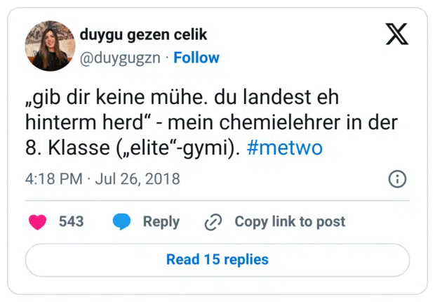 „gib dir keine mühe. du landest eh hinterm herd“ - mein chemielehrer in der 8. Klasse („elite“-gymi). #metwo