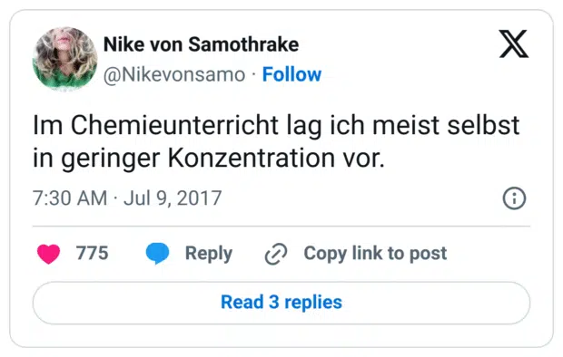 Im Chemieunterricht lag ich meist selbst in geringer Konzentration vor.
