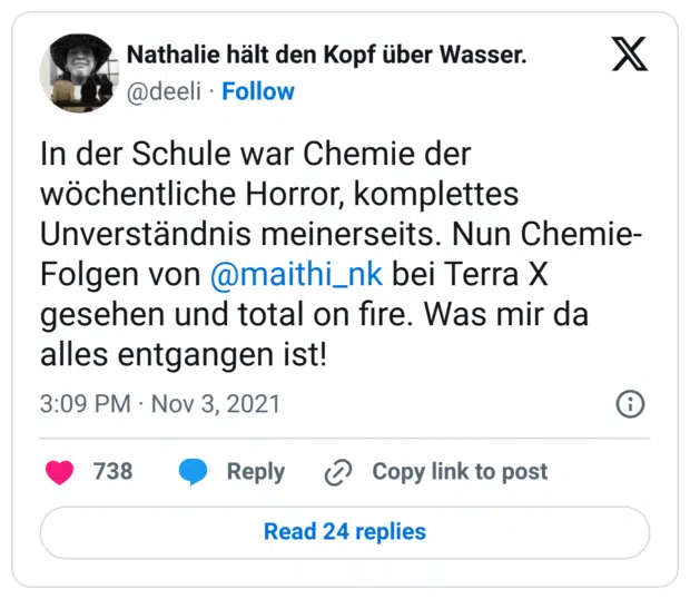In der Schule war Chemie der wöchentliche Horror, komplettes Unverständnis meinerseits. Nun Chemie- Folgen von @maithi_nk bei Terra X gesehen und total on fire. Was mir da alles entgangen ist!