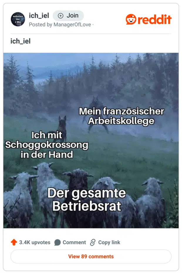 Meme im düsteren Fantasy-Stil: Eine Szene mit Wölfen und Schafen.
Text-Overlays:
– „Ich mit Schoggokrossong in der Hand“ steht über einer Figur in der Mitte.
– „Mein französischer Arbeitskollege“ steht über einer bedrohlich wirkenden Wolfsgestalt.
– „Der gesamte Betriebsrat“ steht über einer Gruppe ängstlich blickender Schafe.
Das Meme spielt humorvoll mit der falschen Aussprache von „Schokocroissant“ (Schoggokrossong) und übertreibt die Reaktion des Umfelds.