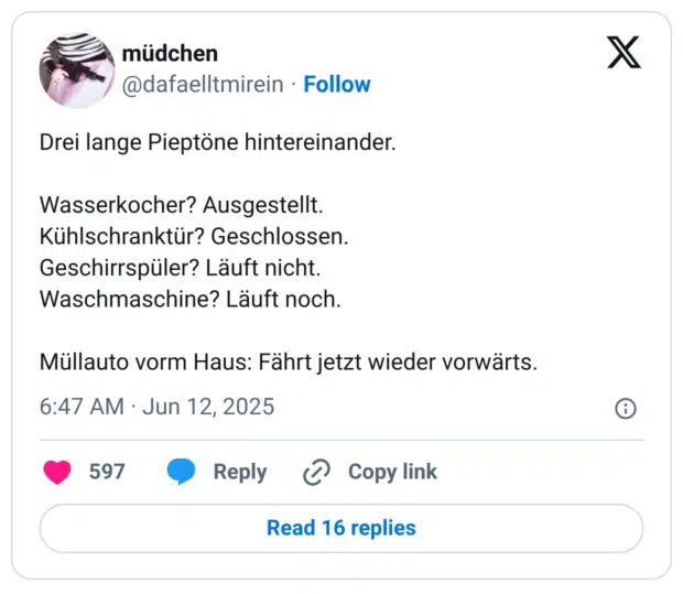 Drei lange Pieptöne hintereinander.

Wasserkocher? Ausgestellt.
Kühlschranktür? Geschlossen.
Geschirrspüler? Läuft nicht.
Waschmaschine? Läuft noch.

Müllauto vorm Haus: Fährt jetzt wieder vorwärts.