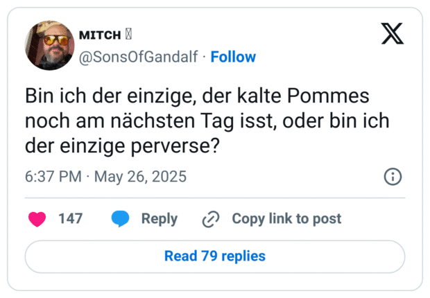 Bin ich der einzige, der kalte Pommes noch am nächsten Tag isst, oder bin ich der einzige perverse?