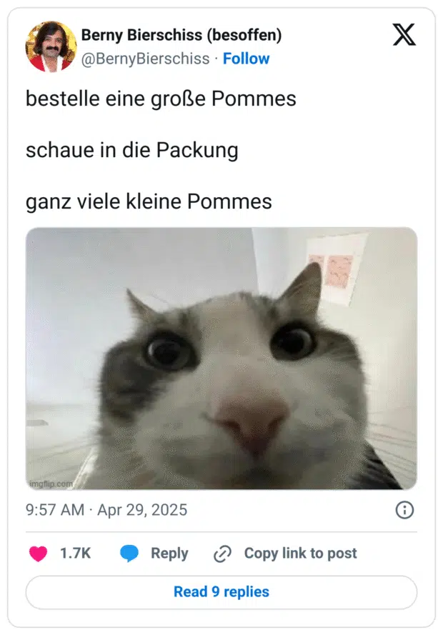 bestelle eine große Pommes
schaue in die Packung
ganz viele kleine Pommes