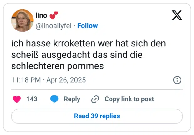 ich hasse krroketten wer hat sich den scheiß ausgedacht das sind die schlechteren pommes