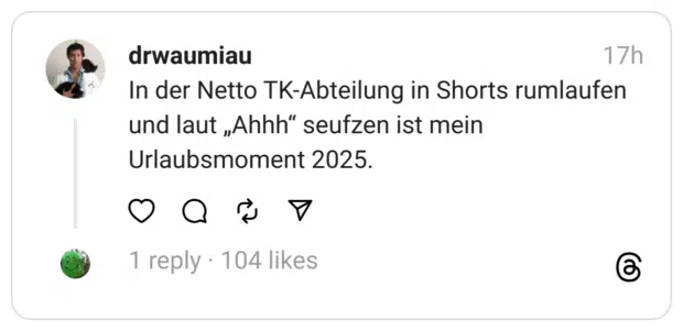 In der Netto TK-Abteilung in Shorts rumlaufen und laut „Ahhh" seufzen ist mein Urlaubsmoment 2025.