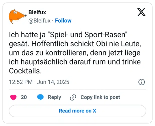 Ich hatte ja "Spiel- und Sport-Rasen" gesät. Hoffentlich schickt Obi nie Leute, um das zu kontrollieren, denn jetzt liege ich hauptsächlich darauf rum und trinke Cocktails
