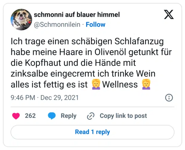 Ich trage einen schäbigen Schlafanzug habe meine Haare in Olivenöl getunkt für die Kopfhaut und die Hände mit zinksalbe eingecremt ich trinke Wein alles ist fettig es ist 💆‍♀️Wellness 💆‍♀️
