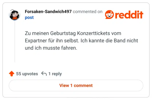 Zu meinen Geburtstag Konzerttickets vom Expartner für ihn selbst. Ich kannte die Band nicht und ich musste fahren.