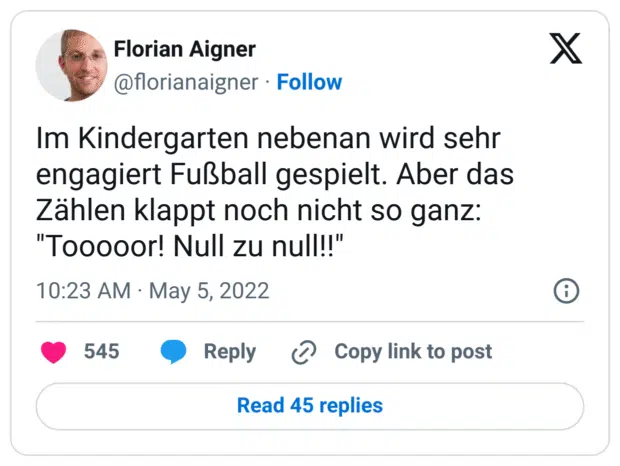Im Kindergarten nebenan wird sehr engagiert Fußball gespielt. Aber das Zählen klappt noch nicht so ganz:
