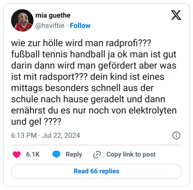 wie zur hölle wird man radprofi??? fußball tennis handball ja ok man ist gut darin dann wird man gefördert aber was ist mit radsport??? dein kind ist eines mittags besonders schnell aus der schule nach hause geradelt und dann ernährst du es nur noch von elektrolyten und gel ????
