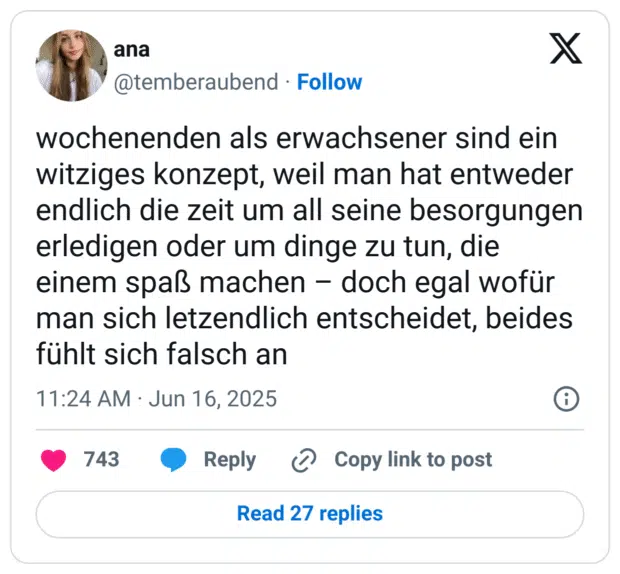 wochenenden als erwachsener sind ein witziges konzept, weil man hat entweder endlich die zeit um all seine besorgungen erledigen oder um dinge zu tun, die einem spaß machen – doch egal wofür man sich letzendlich entscheidet, beides fühlt sich falsch an
