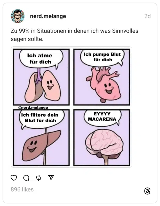 Vier Comicfelder mit cartoonhaften Organen auf lila Hintergrund.

Ein lächelnder Lungencharakter sagt: „Ich atme für dich.“
Ein Herz sagt: „Ich pumpe Blut für dich.“
Eine Leber sagt: „Ich filtere dein Blut für dich.“
Ein Gehirn schreit stattdessen: „EYYYY MACARENA.“
Überschrift darüber: „Zu 99 % in Situationen, in denen ich was Sinnvolles sagen sollte.“