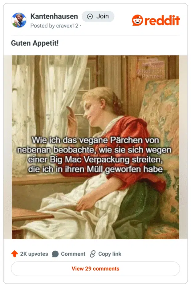 Gemäldeartige Szene: Eine junge Frau in historischer Kleidung sitzt träumerisch am Fenster und schaut hinaus.
Über dem Bild steht der Text:
„Wie ich das vegane Pärchen von nebenan beobachte, wie sie sich wegen einer Big Mac Verpackung streiten, die ich in ihren Müll geworfen habe.“
Das Meme verbindet einen klassischen Bildstil mit einem sarkastischen, modernen Text.