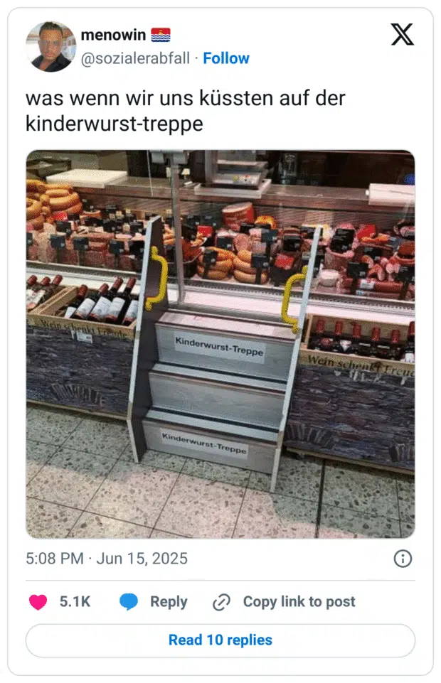 Ein viraler Social-Media-Post zeigt eine kleine Treppe vor einer Fleischtheke mit dem Aufdruck „Kinderwurst-Treppe“. Die Treppe steht vor einer Auswahl an Wurstwaren.
Der Post-Text lautet: „was wenn wir uns küssten auf der kinderwurst-treppe“ – eine ironisch-romantische Anspielung im Stil absurder Internet-Memes, die romantische Gesten an merkwürdigen Orten thematisieren.