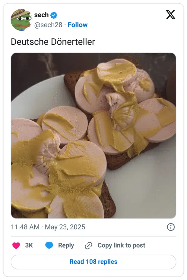 Auf einem weißen Teller liegen zwei Scheiben Schwarzbrot, belegt mit mehreren Scheiben Lyoner Wurst, die unregelmäßig mit gelbem Senf bestrichen sind. Das Ganze wirkt eher unappetitlich und wird im ironischen Begleittext als „Deutscher Döner­teller“ bezeichnet. Ein absurder Vergleich, der bewusst Klischees über deutsche Brotzeit auf die Schippe nimmt.
