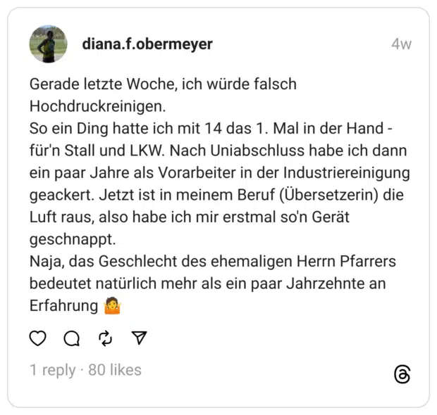 Gerade letzte Woche, ich würde falsch Hochdruckreinigen. So ein Ding hatte ich mit 14 das 1. Mal in der Hand - für'n Stall und LKW. Nach Uniabschluss habe ich dann ein paar Jahre als Vorarbeiter in der Industriereinigung geackert. Jetzt ist in meinem Beruf (Übersetzerin) die Luft raus, also habe ich mir erstmal so'n Gerät geschnappt. Naja, das Geschlecht des ehemaligen Herrn Pfarrers bedeutet natürlich mehr als ein paar Jahrzehnte an Erfahrung 🤷