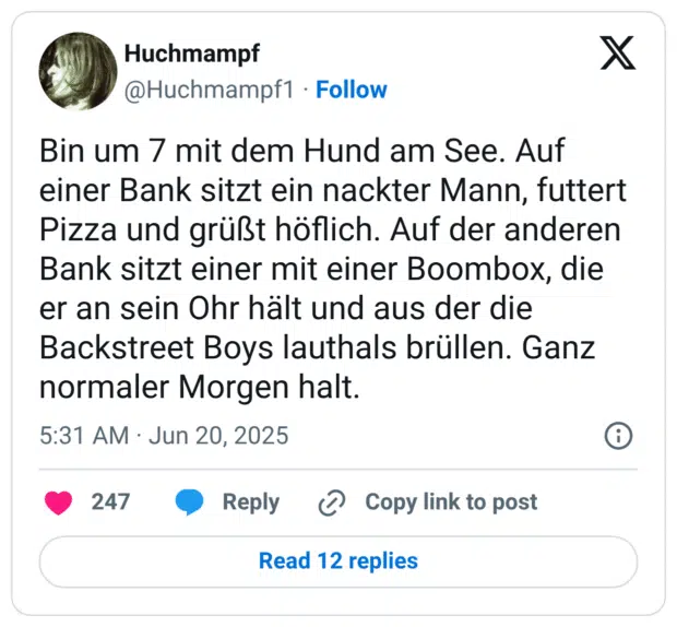 Bin um 7 mit dem Hund am See. Auf einer Bank sitzt ein nackter Mann, futtert Pizza und grüßt höflich. Auf der anderen Bank sitzt einer mit einer Boombox, die er an sein Ohr hält und aus der die Backstreet Boys lauthals brüllen. Ganz normaler Morgen halt.