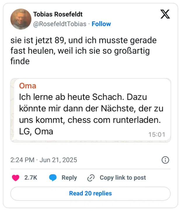 sie ist jetzt 89, und ich musste gerade fast heulen, weil ich sie so großartig finde
