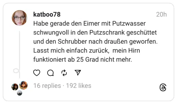 Habe gerade den Eimer mit Putzwasser schwungvoll in den Putzschrank geschüttet und den Schrubber nach draußen geworfen. Lasst mich einfach zurück, mein Hirn funktioniert ab 25 Grad nicht mehr.
