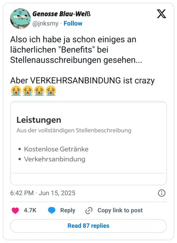Also ich habe ja schon einiges an lächerlichen "Benefits" bei Stellenausschreibungen gesehen...

Aber VERKEHRSANBINDUNG ist crazy 😭😭😭😭