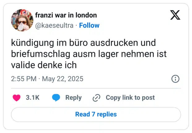 kündigung im büro ausdrucken und briefumschlag ausm lager nehmen ist valide denke ich