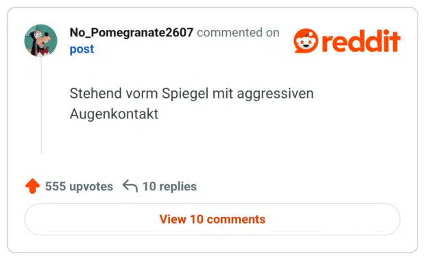 Stehend vorm Spiegel mit aggressiven Augenkontakt