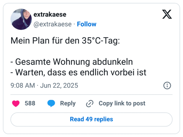 Mein Plan für den 35°C-Tag:

- Gesamte Wohnung abdunkeln
- Warten, dass es endlich vorbei ist