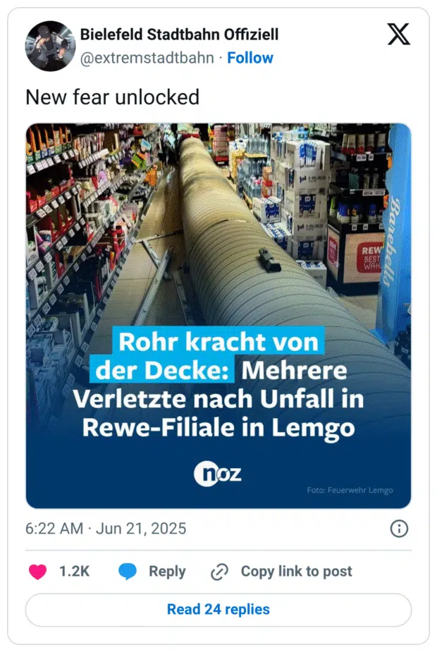 Bielefeld Stadtbahn Offiziell @extremstadtbahn • Follow New fear unlocked Rohr kracht von der Decke: Mehrere Verletzte nach Unfall in Rewe-Filiale in Lemgo