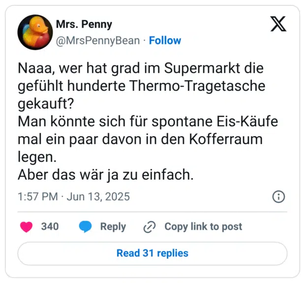 Naaa, wer hat grad im Supermarkt die gefühlt hunderte Thermo-Tragetasche gekauft? Man könnte sich für spontane Eis-Käufe mal ein paar davon in den Kofferraum legen. Aber das wär ja zu einfach