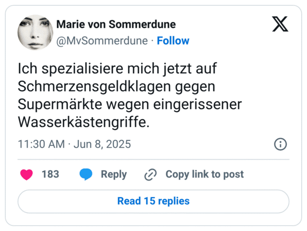 Ich spezialisiere mich jetzt auf Schmerzensgeldklagen gegen Supermärkte wegen eingerissener Wasserkästengriffe.